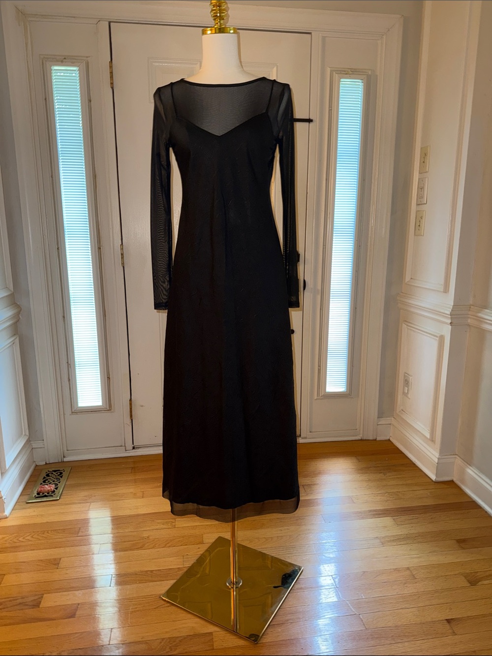DKNY Black Long Sleeve Mesh-Inset Evening Dress